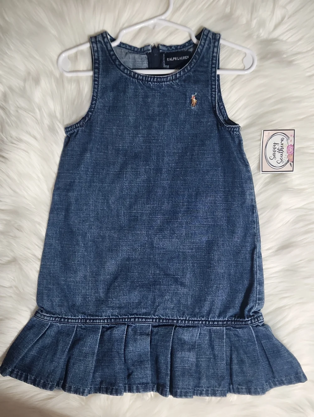 Ralph Lauren Girls' Sleeveless Denim Dress Ruffle Hem - Size:4
